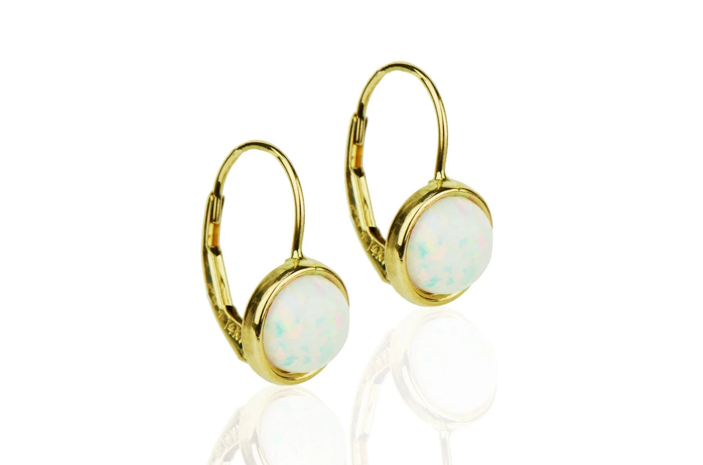 14k Yellow or White Gold Opal Dangle Leverback Earrings