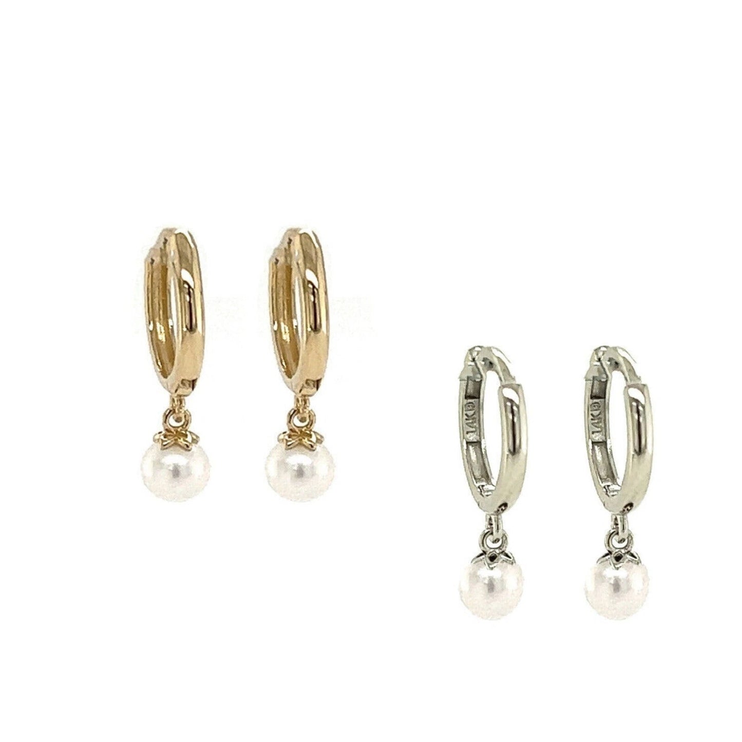 14k Yellow or White Gold Pearl Huggie Dangle Earrings