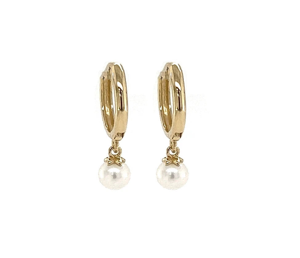14k Yellow or White Gold Pearl Huggie Dangle Earrings