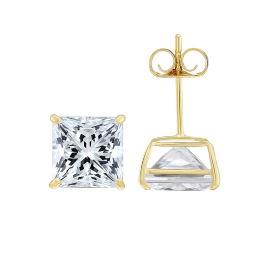14k solid yellow gold square clear CZ basket set stud earrings 3mm-10mm
