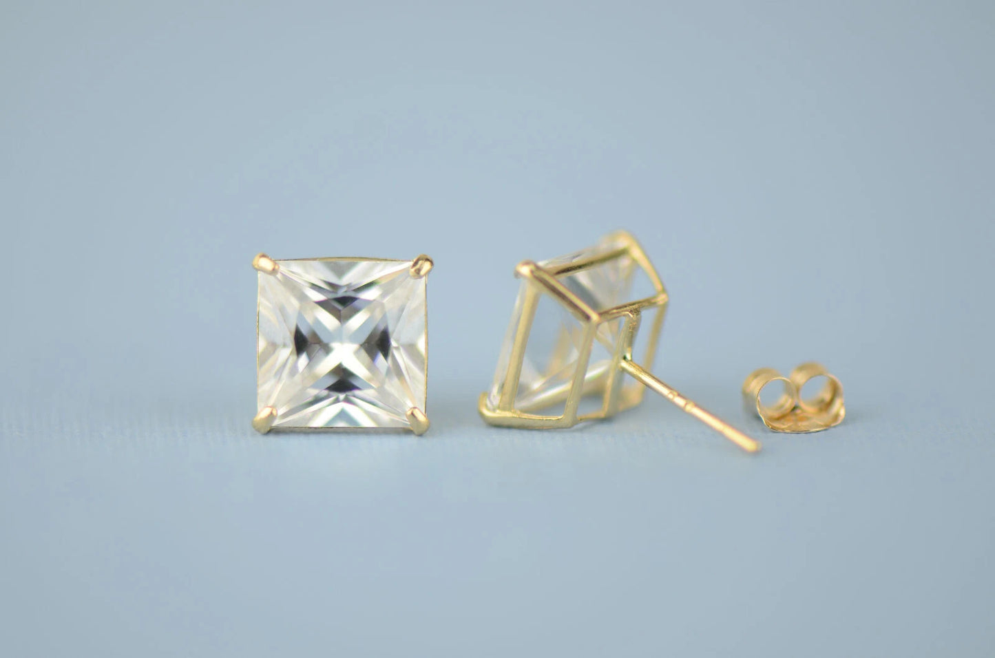 14k solid yellow gold square clear CZ basket set stud earrings 3mm-10mm