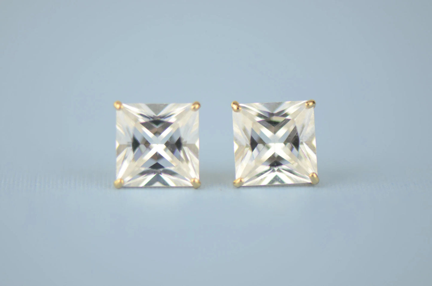 14k solid yellow gold square clear CZ basket set stud earrings 3mm-10mm