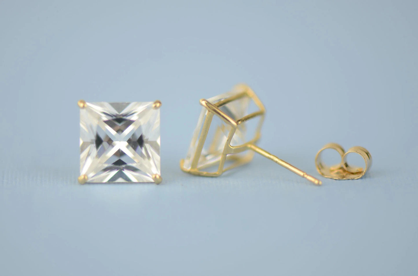14k solid yellow gold square clear CZ basket set stud earrings 3mm-10mm