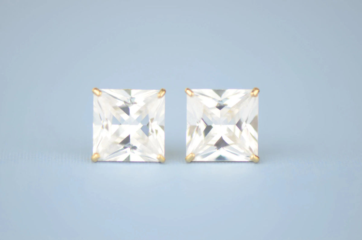 14k solid yellow gold square clear CZ basket set stud earrings 3mm-10mm