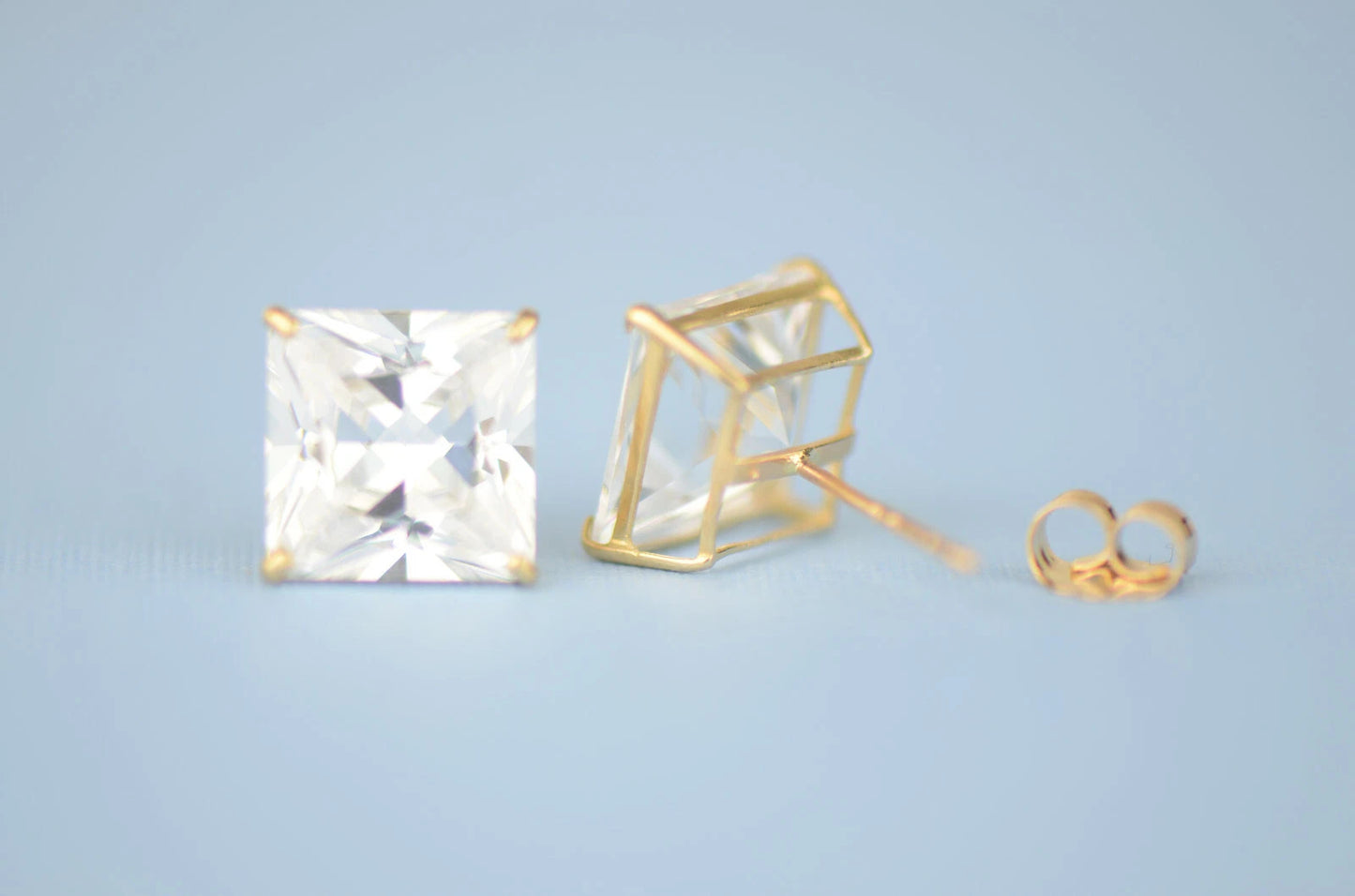 14k solid yellow gold square clear CZ basket set stud earrings 3mm-10mm