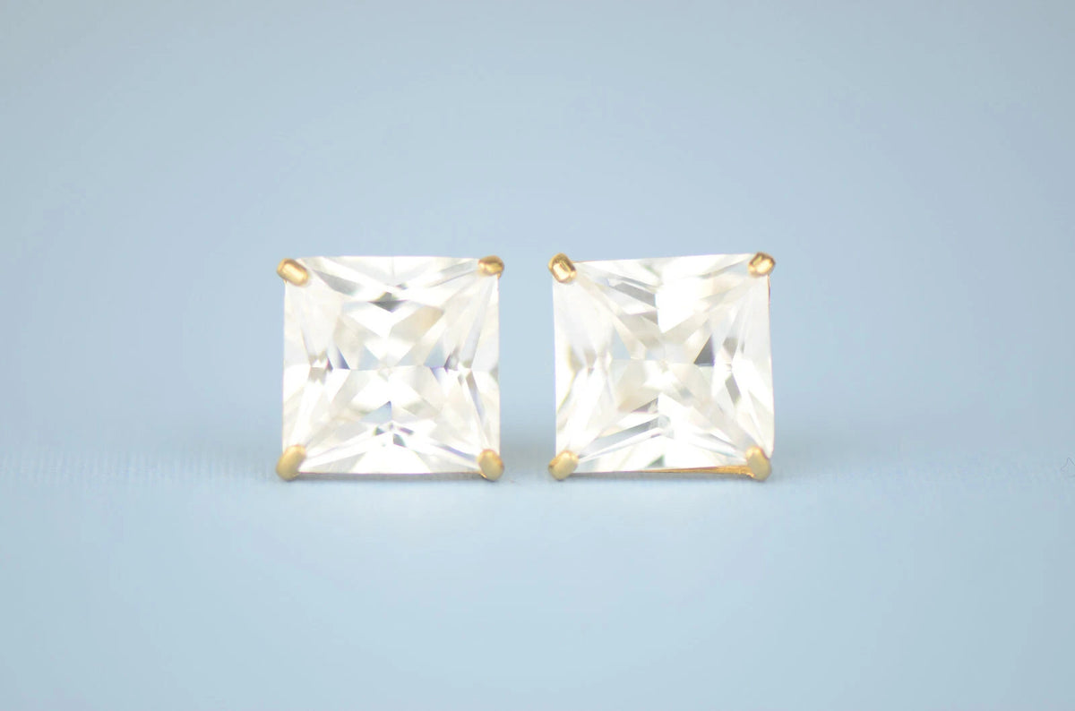 14k solid yellow gold square clear CZ basket set stud earrings 3mm-10mm