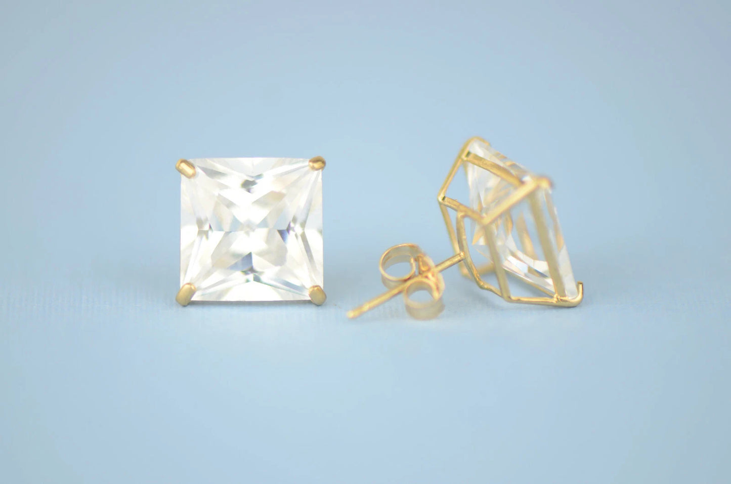 14k solid yellow gold square clear CZ basket set stud earrings 3mm-10mm
