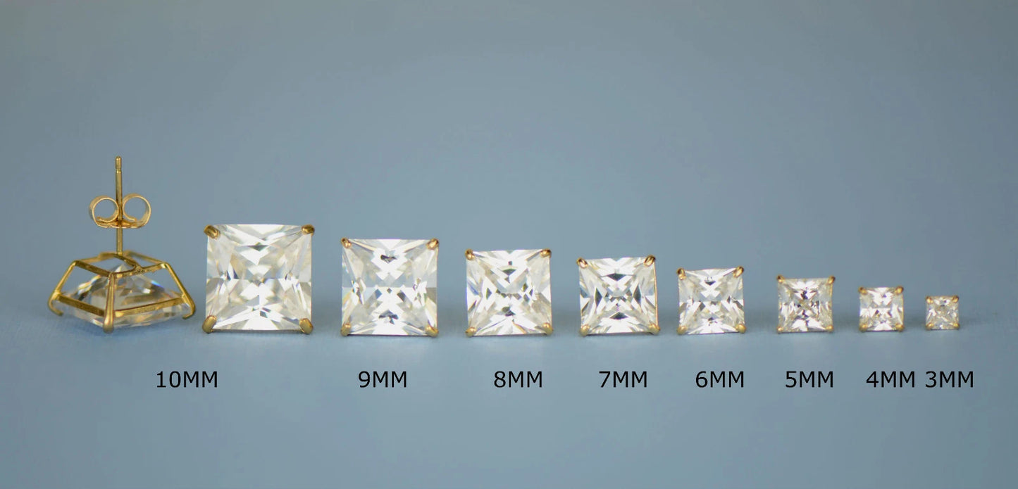 14k solid yellow gold square clear CZ basket set stud earrings 3mm-10mm