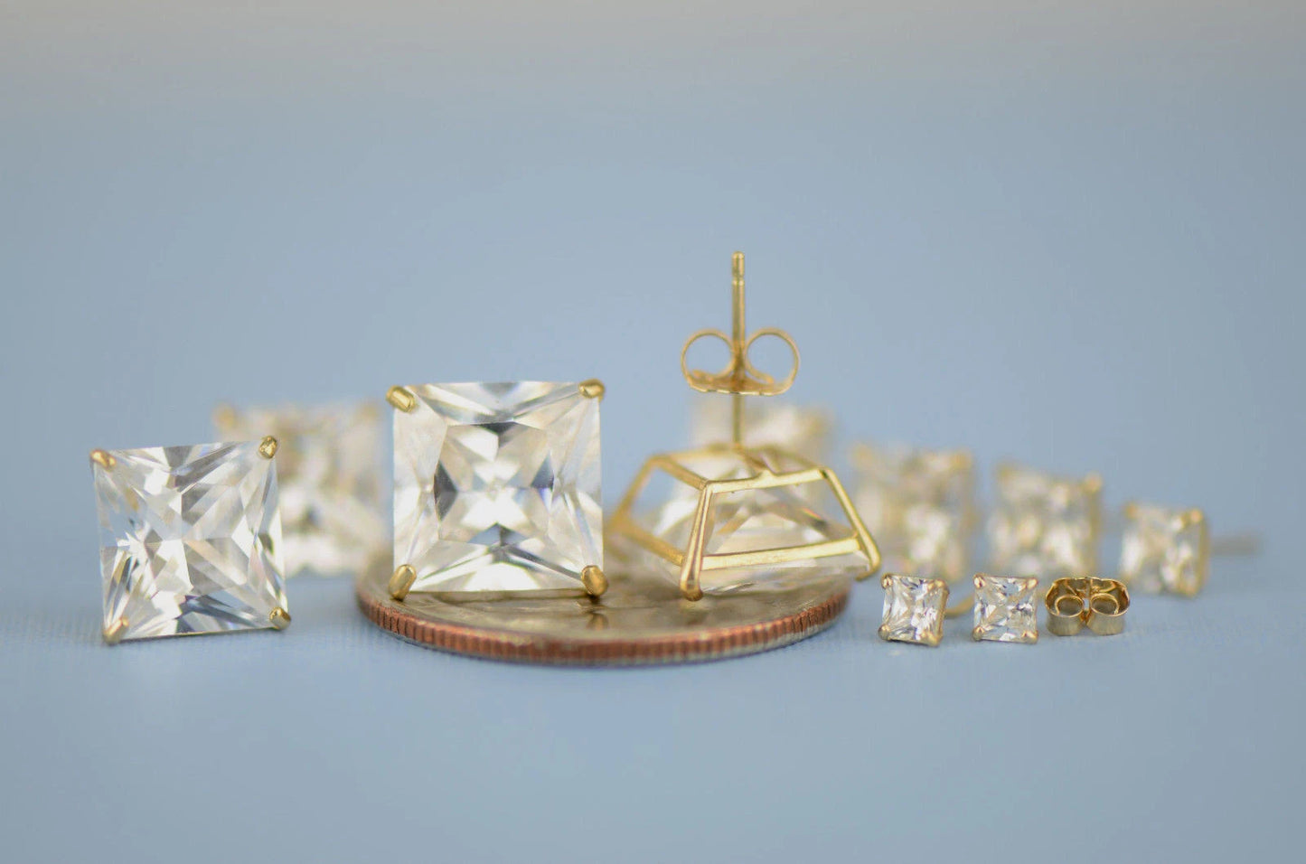14k solid yellow gold square clear CZ basket set stud earrings 3mm-10mm