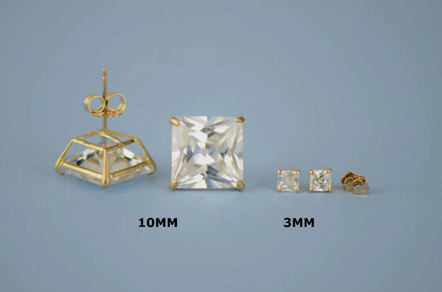 14k solid yellow gold square clear CZ basket set stud earrings 3mm-10mm