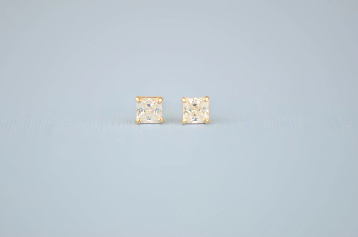 14k solid yellow gold square clear CZ basket set stud earrings 3mm-10mm