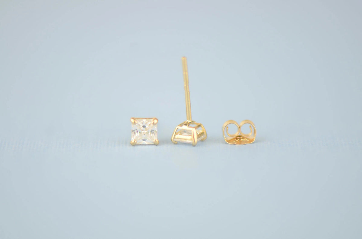 14k solid yellow gold square clear CZ basket set stud earrings 3mm-10mm