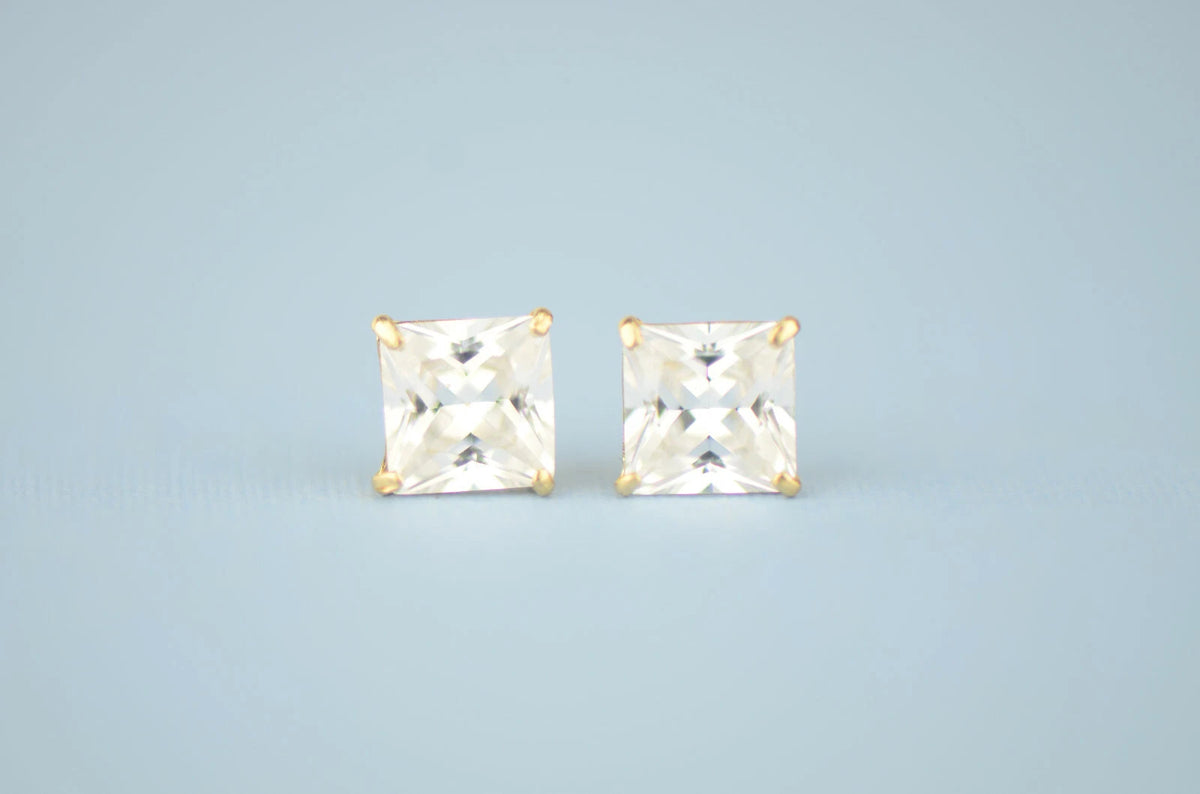 14k solid yellow gold square clear CZ basket set stud earrings 3mm-10mm