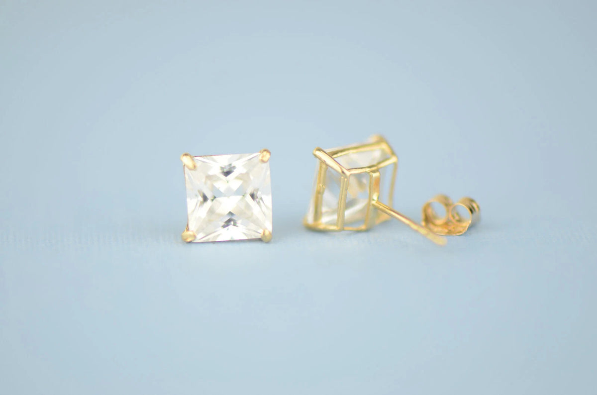 14k solid yellow gold square clear CZ basket set stud earrings 3mm-10mm
