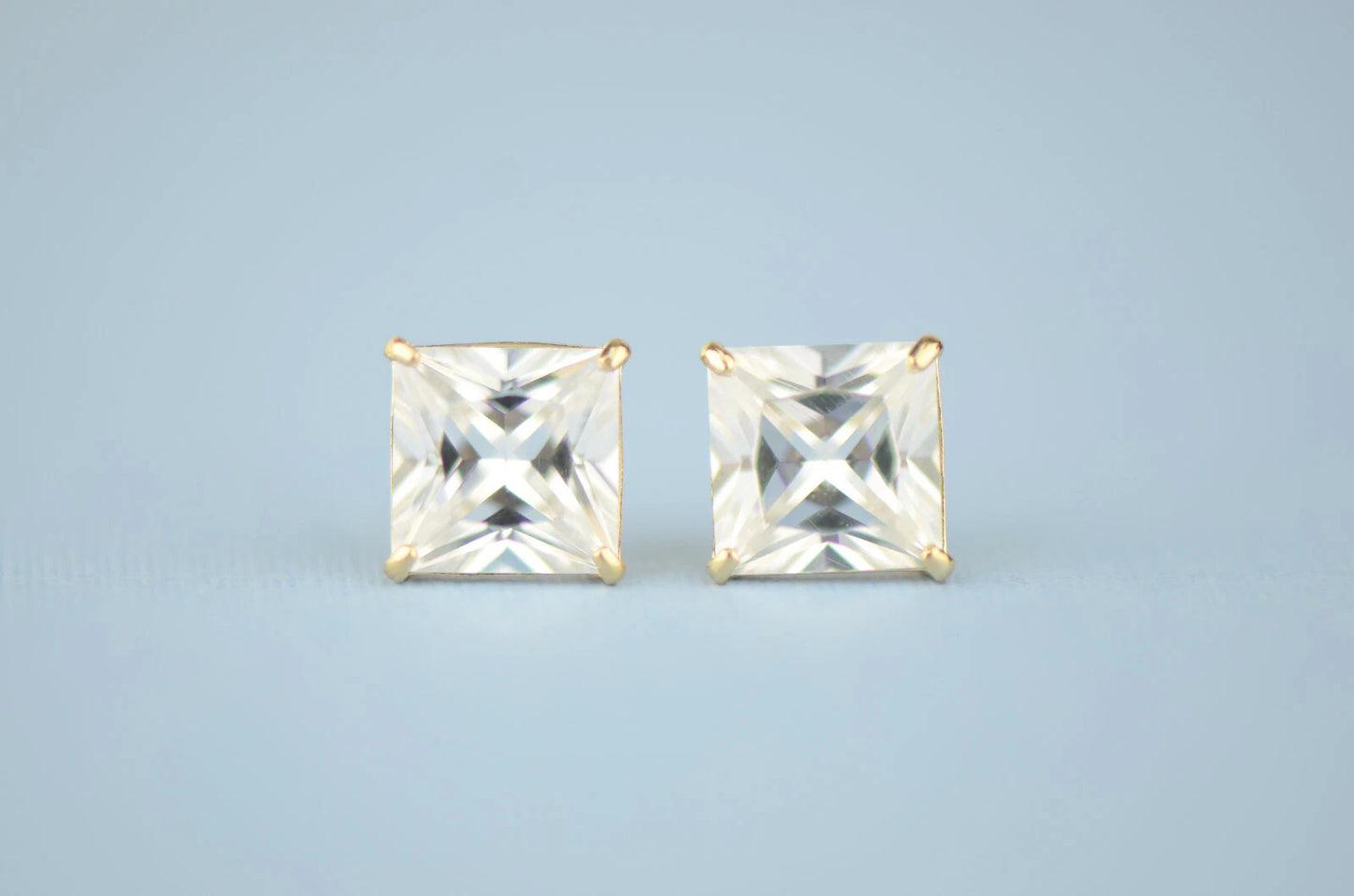14k solid yellow gold square clear CZ basket set stud earrings 3mm-10mm