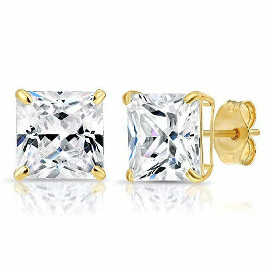 14k solid yellow/white gold square clear CZ basket set stud earrings 3-10mm