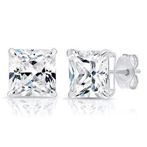14k solid yellow/white gold square clear CZ basket set stud earrings 3-10mm