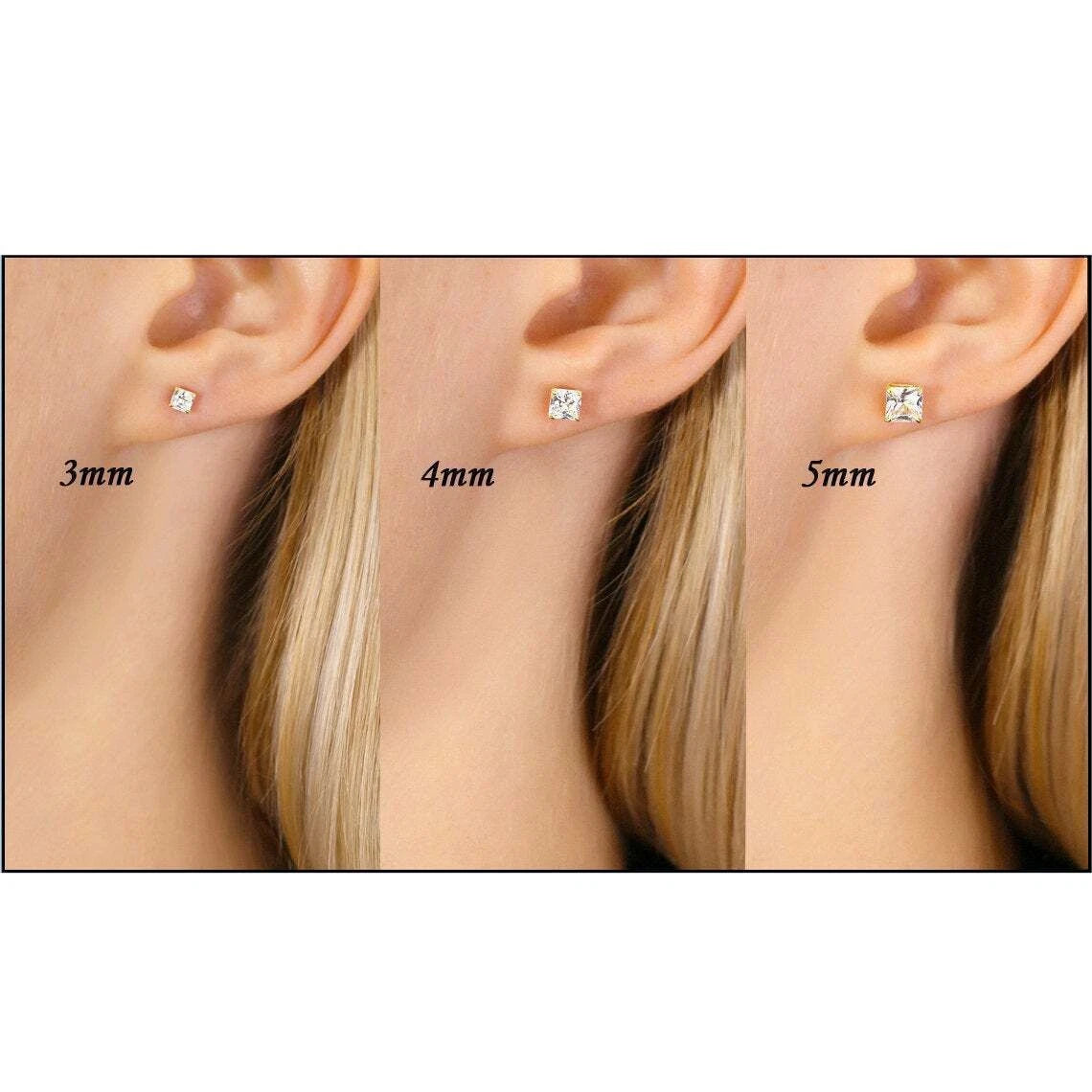 14k solid yellow/white gold square clear CZ basket set stud earrings 3-10mm