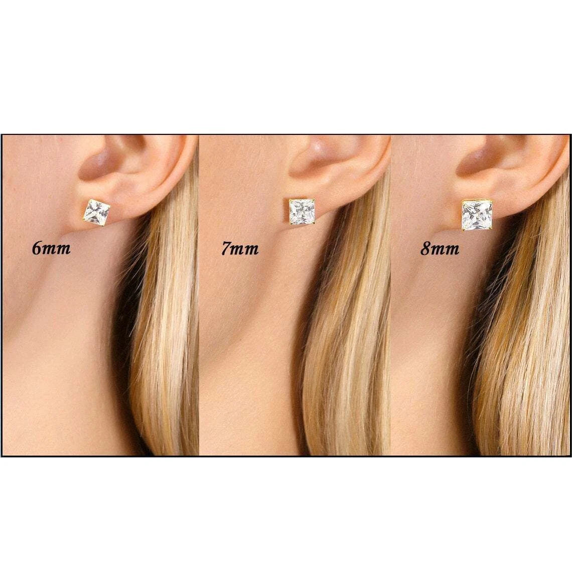 14k solid yellow/white gold square clear CZ basket set stud earrings 3-10mm