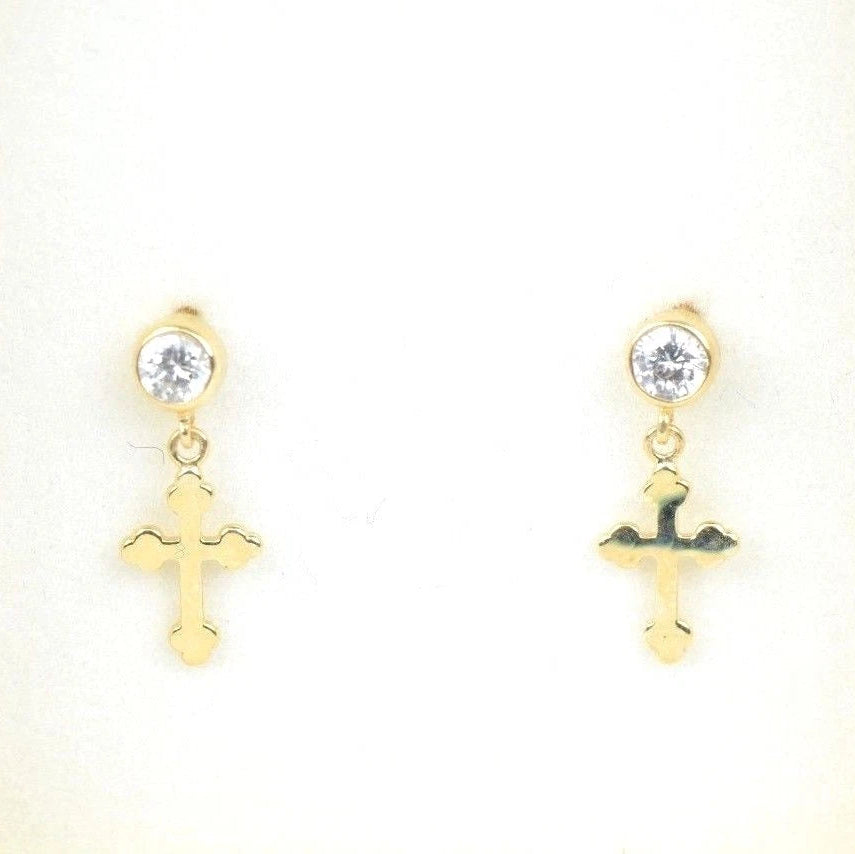 14K Yellow White Gold Cubic Zirconia CZ Cross Dangle Earrings