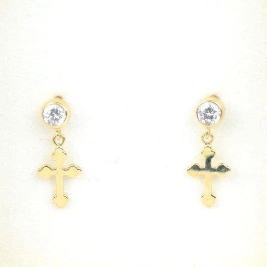 14K Yellow White Gold Cubic Zirconia CZ Cross Dangle Earrings