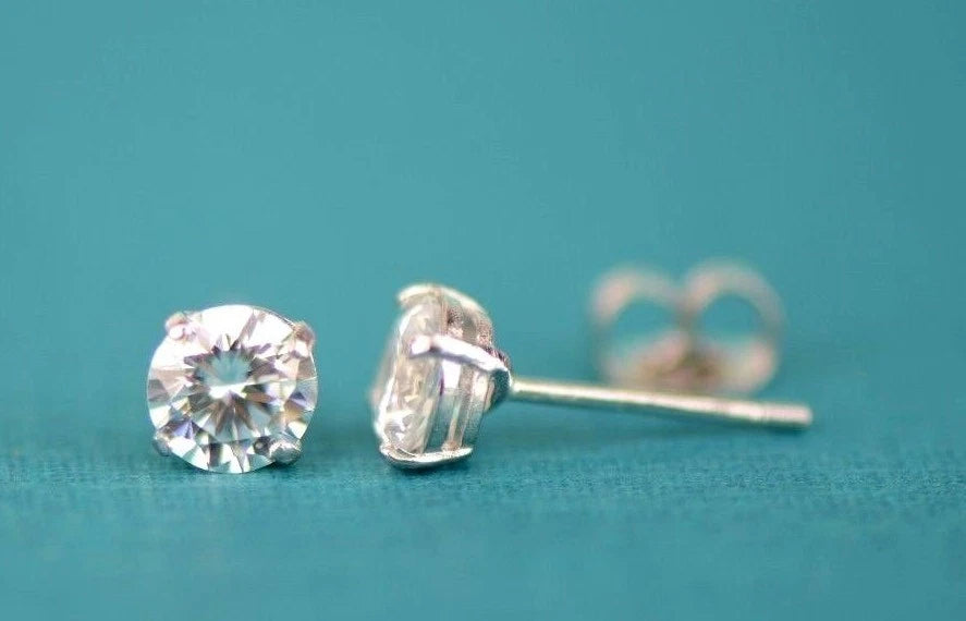 14k Heavy Basket White Gold Round AAA Quality CZ Stud with push back