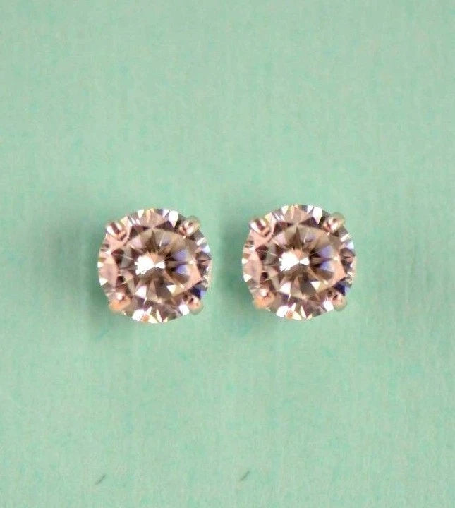 14k Heavy Basket White Gold Round AAA Quality CZ Stud with push back