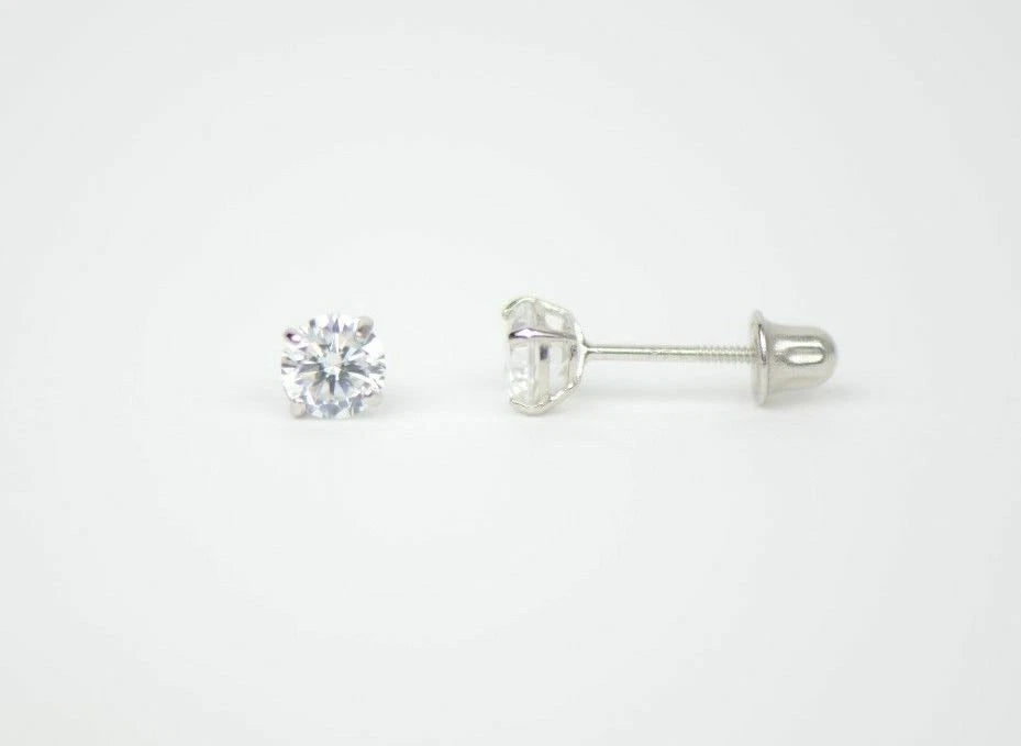 CZ Stud Earring Round cut in 14k white gold Screw back