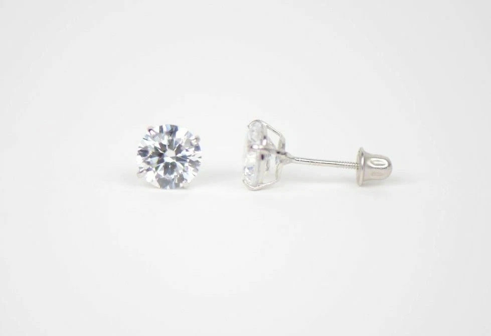 CZ Stud Earring Round cut in 14k white gold Screw back