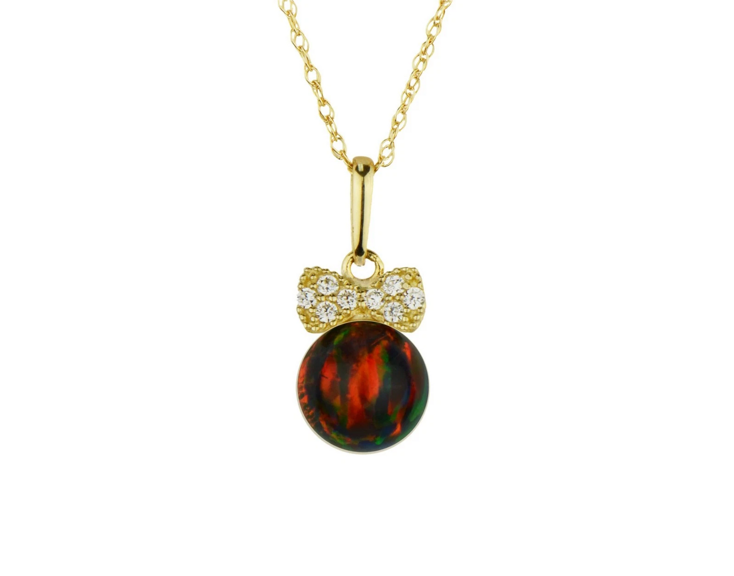 14K Yellow Gold Bow Tie Opal CZ Pendant Necklace Rope Chain
