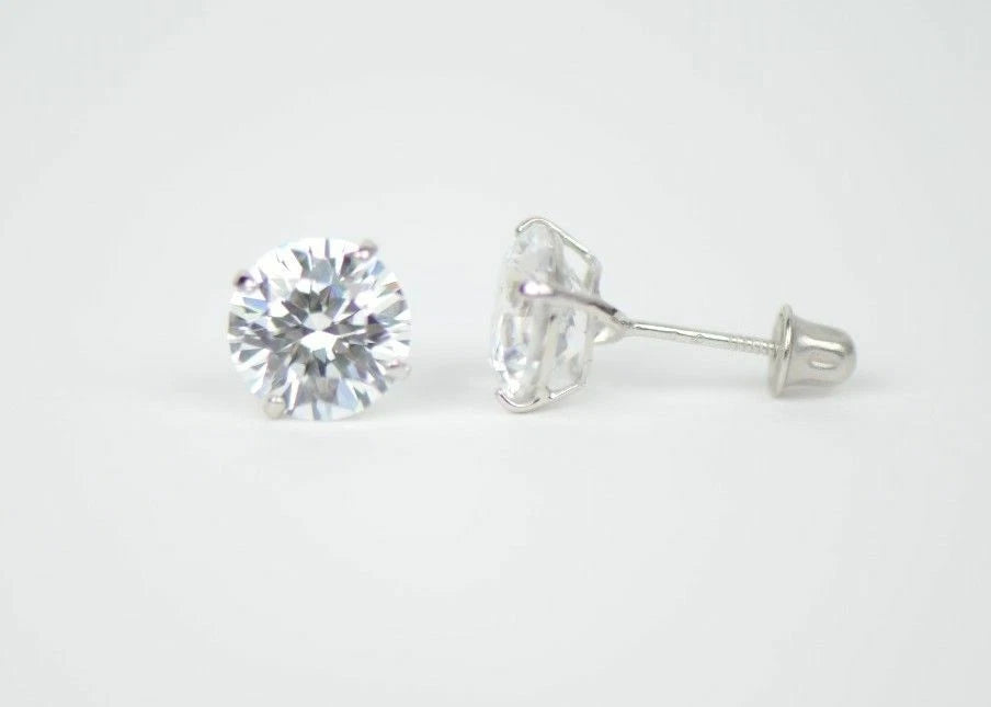 CZ Stud Earring Round cut in 14k white gold Screw back