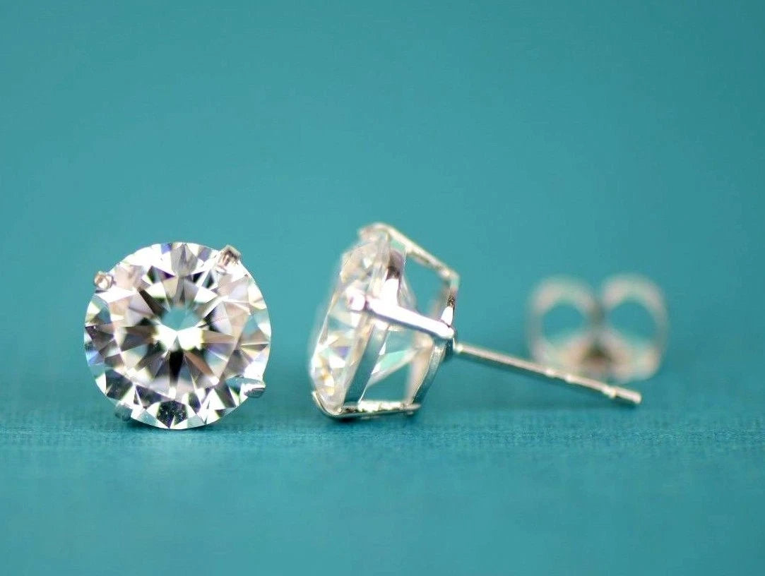 14k Heavy Basket White Gold Round AAA Quality CZ Stud with push back