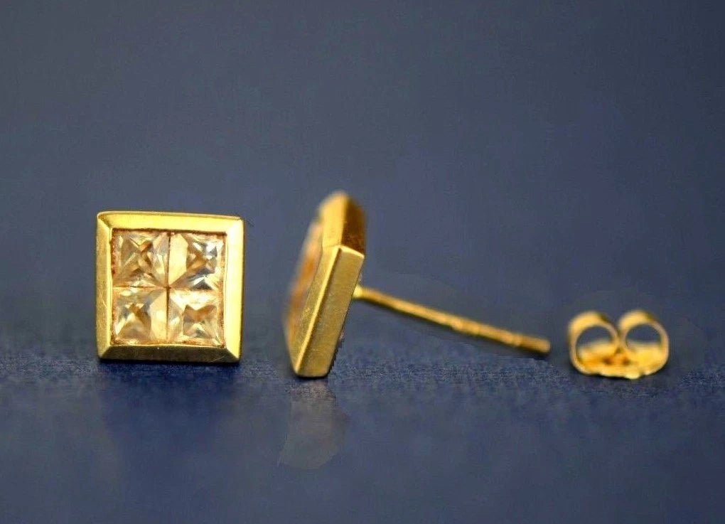 14K Yellow or White Gold Fancy Square CZ Stud Earring