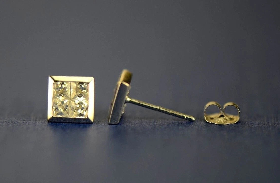 14K Yellow or White Gold Fancy Square CZ Stud Earring