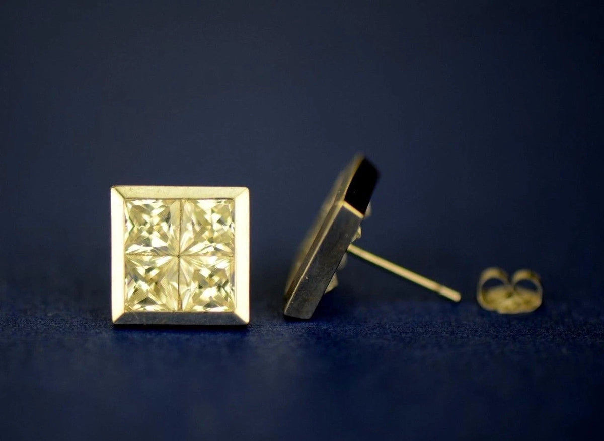 14K Yellow or White Gold Fancy Square CZ Stud Earring