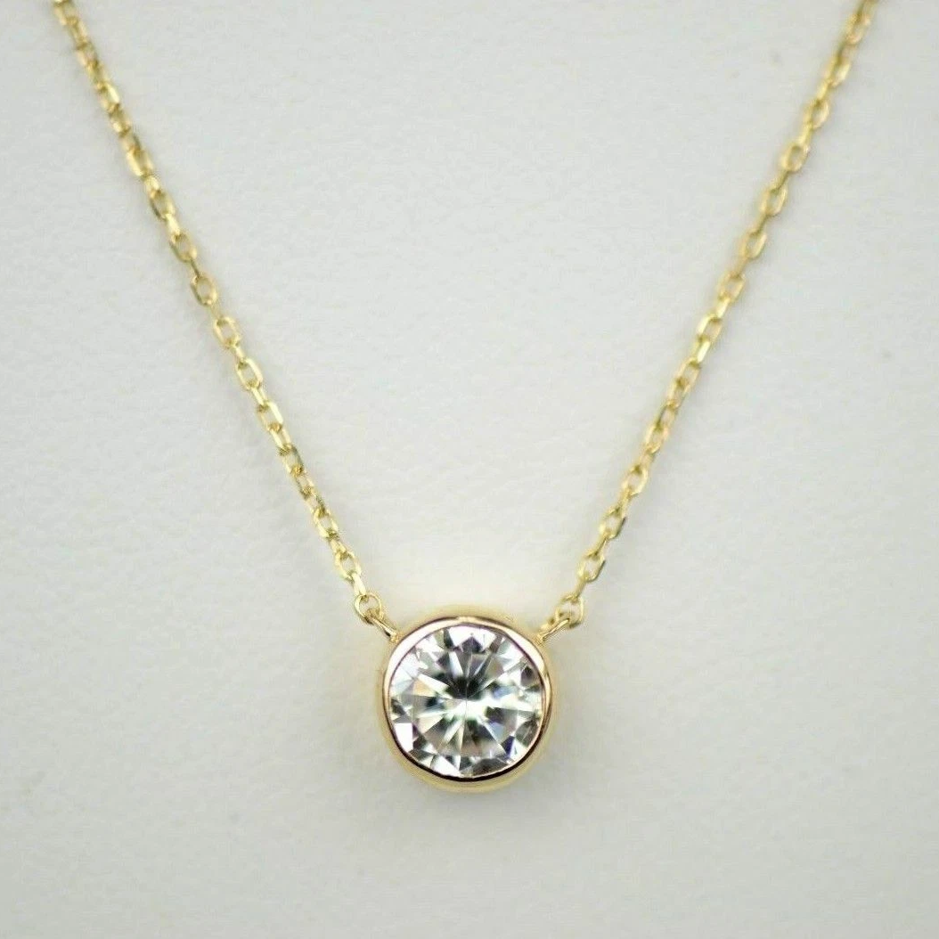 1ct Round Solitaire Pendant Necklace Bezel Set Chain 14K White or Yellow Gold