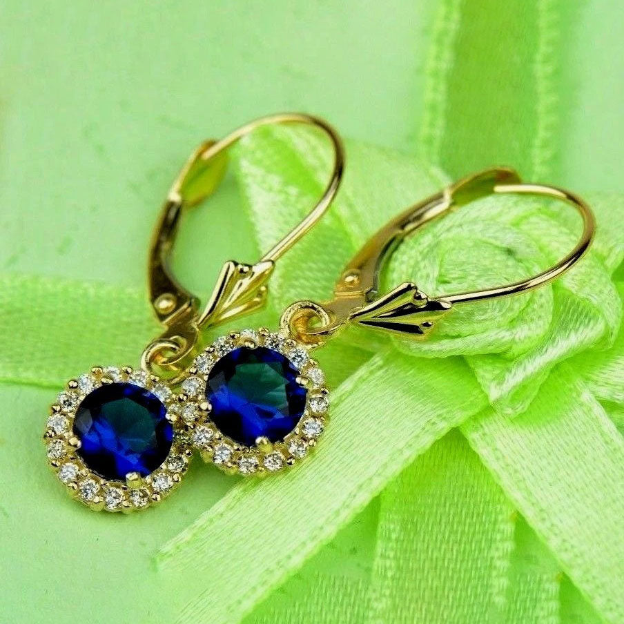 14k Yellow Gold Halo Dangle Round Leverback Pierced Earrings Birthstone