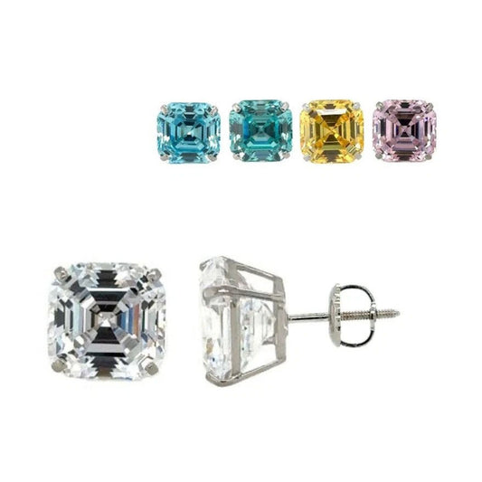 14K White Gold Asscher Cut Stud Earrings Screw Back
