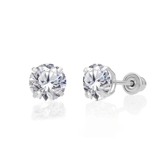 CZ Stud Earring Round cut in 14k white gold Screw back