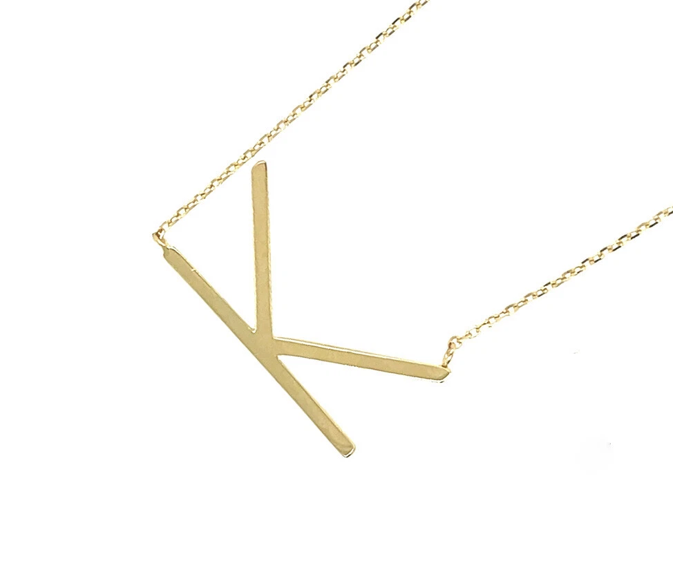 14k Yellow Gold Sideway Initial Letter Necklace Pendant