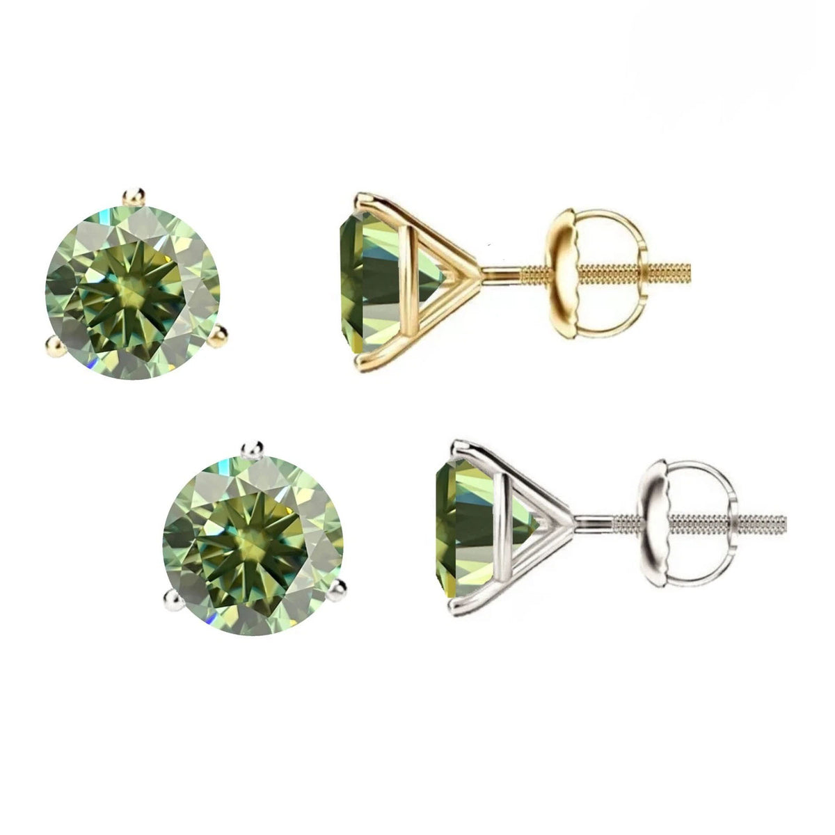 14K Gold GRA CertifiedD-VVS1 Green Moissanite ScrewBack Stud Earrings