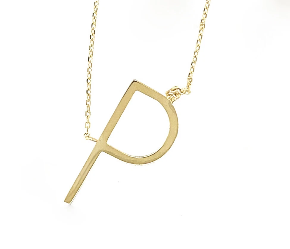 14k Yellow Gold Sideway Initial Letter Necklace Pendant