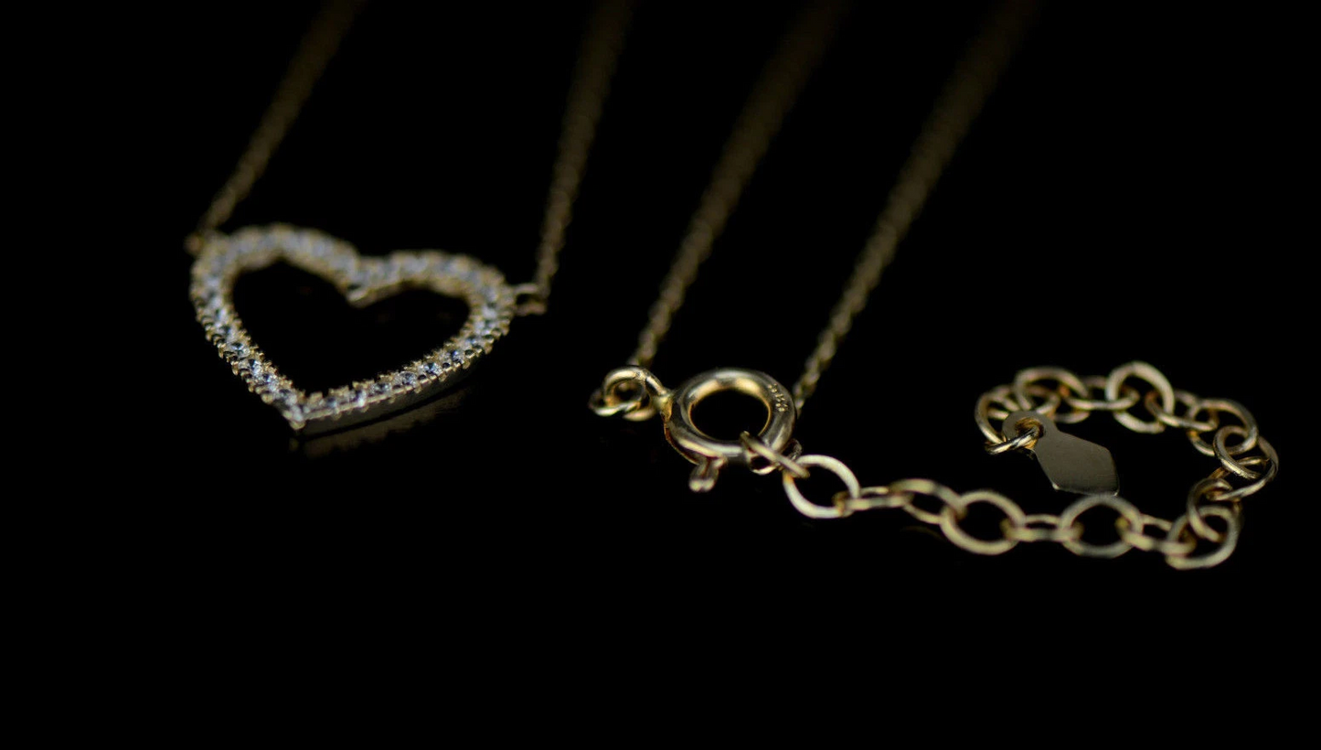 14K Yellow Gold CZ Heart Necklace Cable Chain