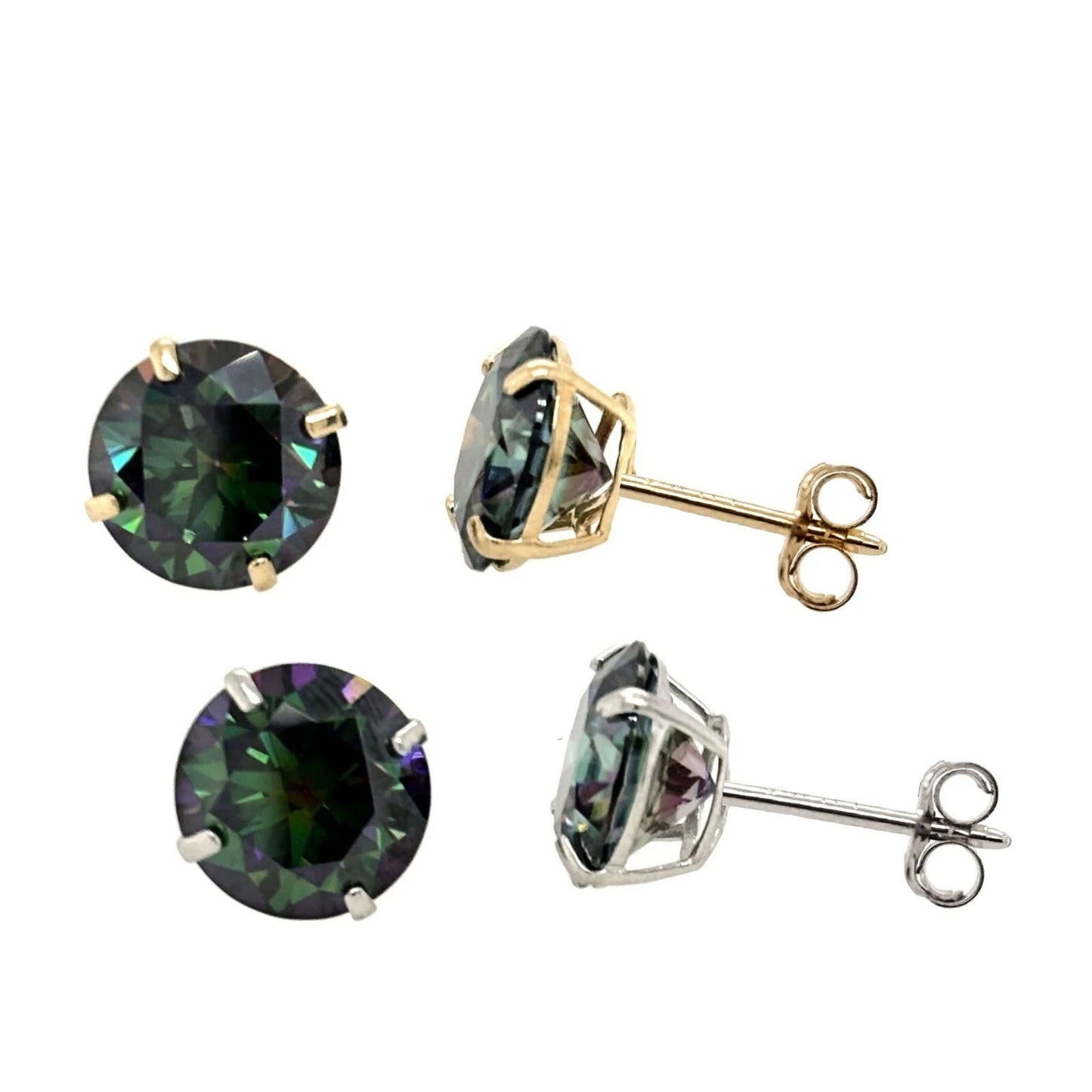 14K Gold GRA Certified D-VVS1 Rainbow Green Moissanite Studs Earrings Push Back