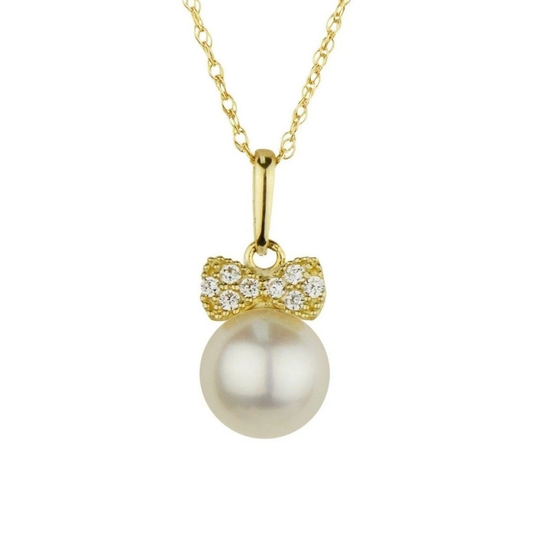 14K Yellow Gold Bow Tie Freshwater Pearl CZ Pendant Necklace Rope Chain