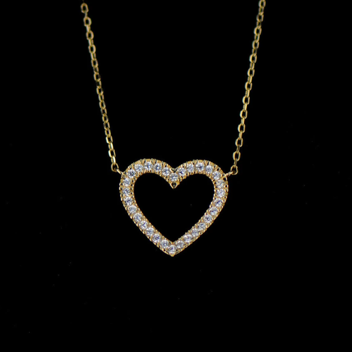 14K Yellow Gold CZ Heart Necklace Cable Chain