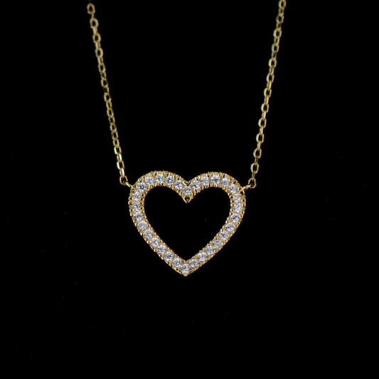 14K Yellow Gold CZ Heart Necklace Cable Chain