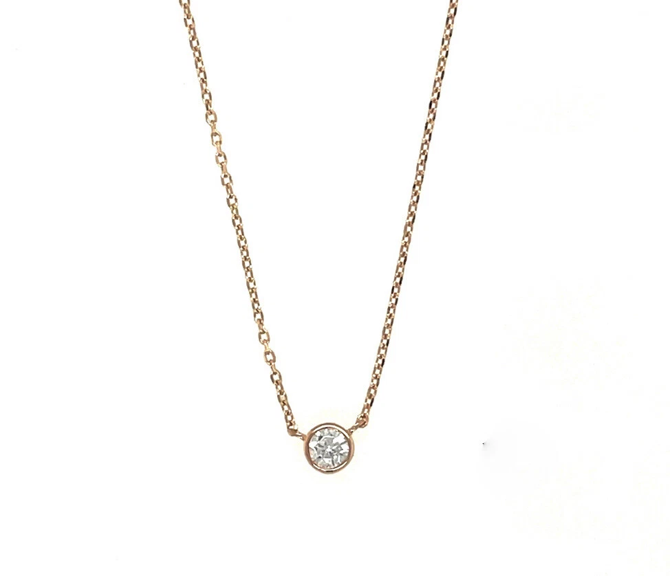 14K Yellow/White/Rose Gold Round Solitaire Pendant Necklace Bezel Set Chain