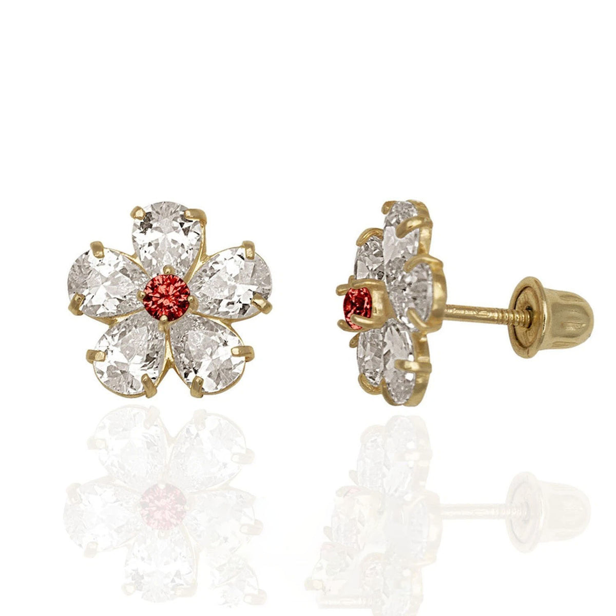 14k Yellow & White Gold CZ Flower Birthstone Stud Screw Back Earrings for Women