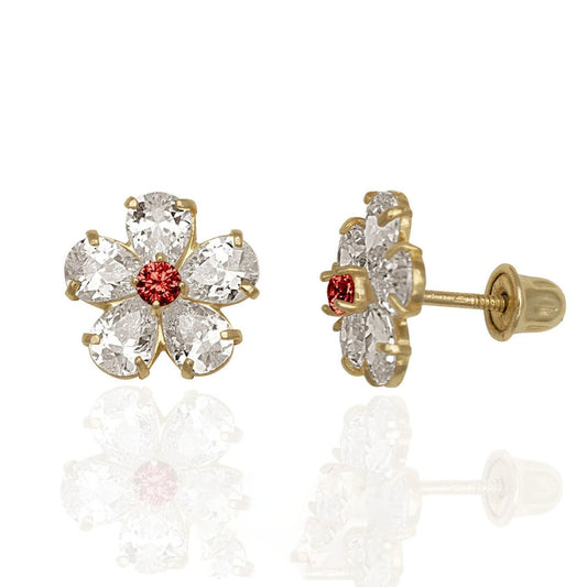 14k Yellow & White Gold CZ Flower Birthstone Stud Screw Back Earrings for Women